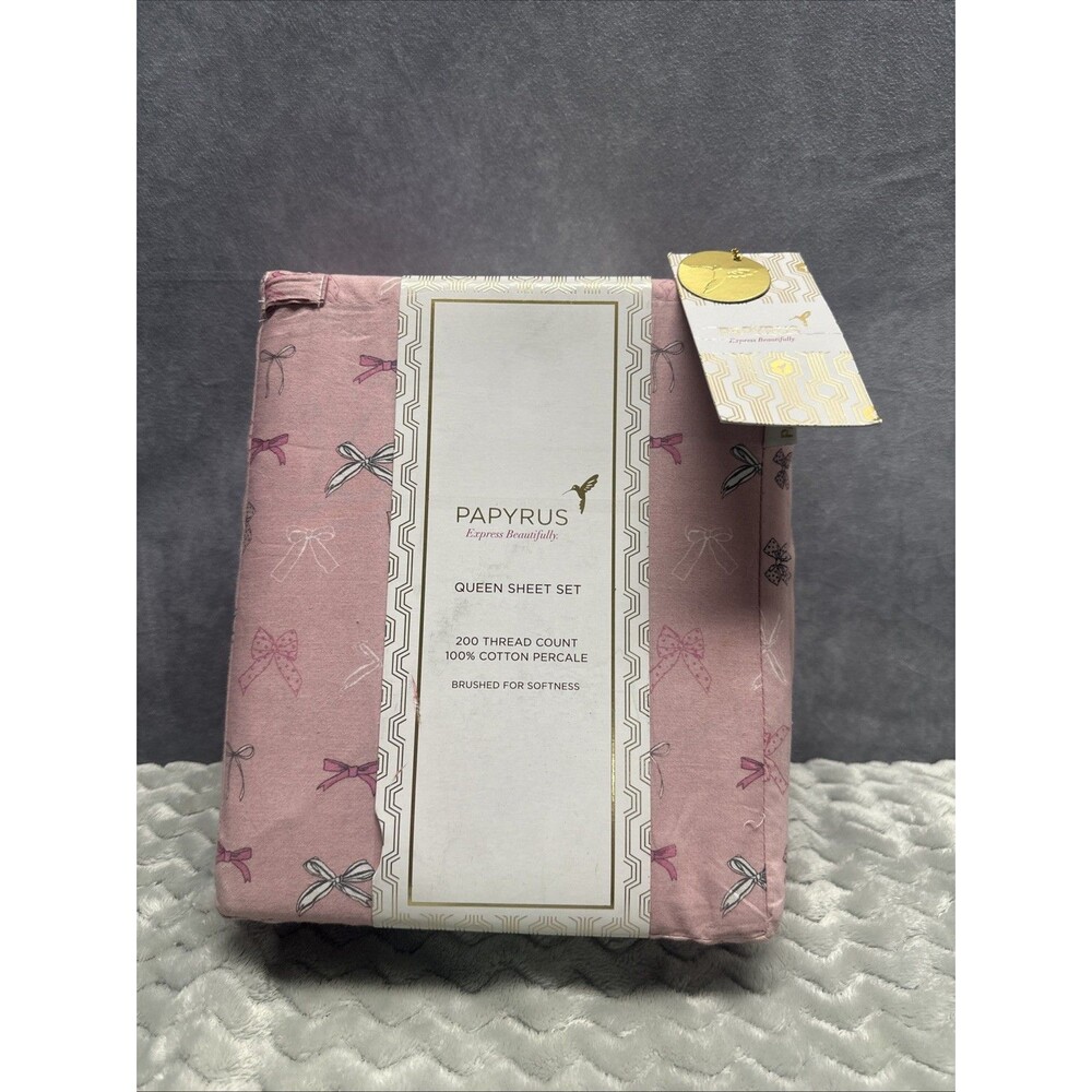 PAPYRUS Vog Love In Vogue Bows Queen Sheet Set 100% Cotton 200 Thread Percale
